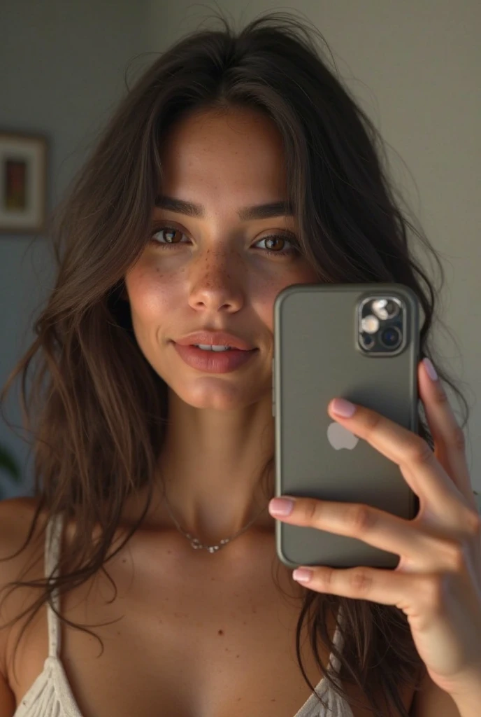 22 year old Brazilian brunette taking a photo in the mirror with iPhone 15