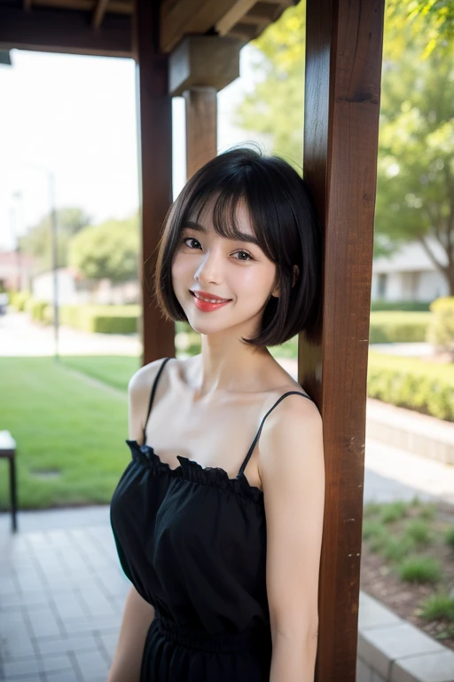 masterpiece, film grain, upper body photo of a Young girl in a white sheer fabric(short camisole), solo, hardnipples, absurdity, realistic(face, body, skin), (cute:1.35), cuties, (big breasts:1.275), detailed black eyes, innocent eyes, blusher, (bare shoulder), black choker, earrings, short hair, (messy bob hair), areola slip, areola slip out, Very Short Black Hot Pants, shiny pink lips, closeup, look at viewer, open lips, upper teeth, (smiling eyes:0.375), ((grinning:1.125)), depth of field, outdoors, cinema light, blurred background, eye focus, Bokeh, Professional Lighting, Portrait, Photon Mapping, Radiosity, Physically Based Rendering, soft light, (nsfw:1.1),
