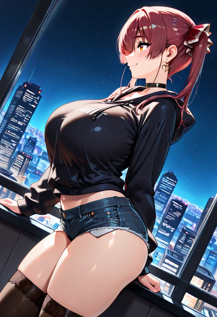 1girl, female elf, short red hair, blue eyes, curvy body, black off shoulder mini tee shirt, stomach exposed, hot pink leather mini skirt, black high heels, standing near a balcony, night, city in background, full pouty lips, hands resting on chest, lewd smile