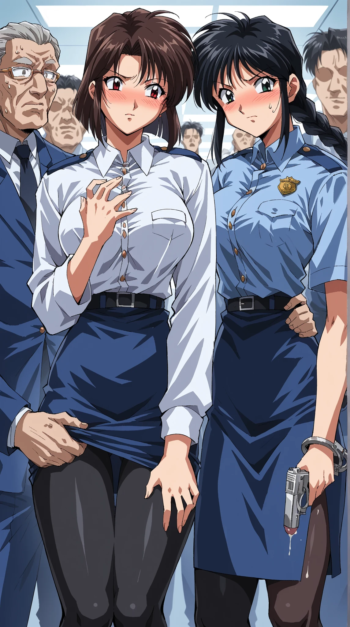 ((2 girls)), policewoman, white shirt, pencil skirt, indoors, cell, retro artstyle, 1990s \(style\), 1girl, long hair, black hair, braid, red eyes, holding handcuffs,
BREAK
2girls,policewoman, white shirt, pencil skirt, indoors, cell, retro artstyle, 1990s \(style\), 1girl, short hair, brown hair, green eyes, holding gun score_9, score_8_up, score_7_up, score_6_up, score_5_up, score_4_up, BREAK source_anime, masterpiece, BREAK,standing,blush,embarrassed,BREAK,cowboy shot,on the train,BREAK,3mens,(faceless man:1.3),(mens is molester:1.2),(mens standing around her:1.3),mens grabbing her breast, mens grabbing her ass,mens grabbing her crotch,men's hand into her panties,(faceless mens crowd), CAN Rub Her Erect Penis On Her Butt, 4 Fat Ugly Faceless Guys Touched Her Butt , 4 Fat Ugly Dudes Touched Her Waist, Dirty fat old man inserts his penis into a woman, Inserting a man's penis into a woman, Attach semen to women, A dirty old man puts his penis on a woman's butt, Dirty old man attaches his penis to a woman's skirt, Dirty old man inserts his penis into a woman's crotch, Dirty old man puts his penis in a woman's mouth, Woman licks dirty old man's penis, Put semen on women's clothes, Women are orgasms, Put semen on women's clothes, Women are orgasms, Dirty old man is an organic, black tights, torn tights