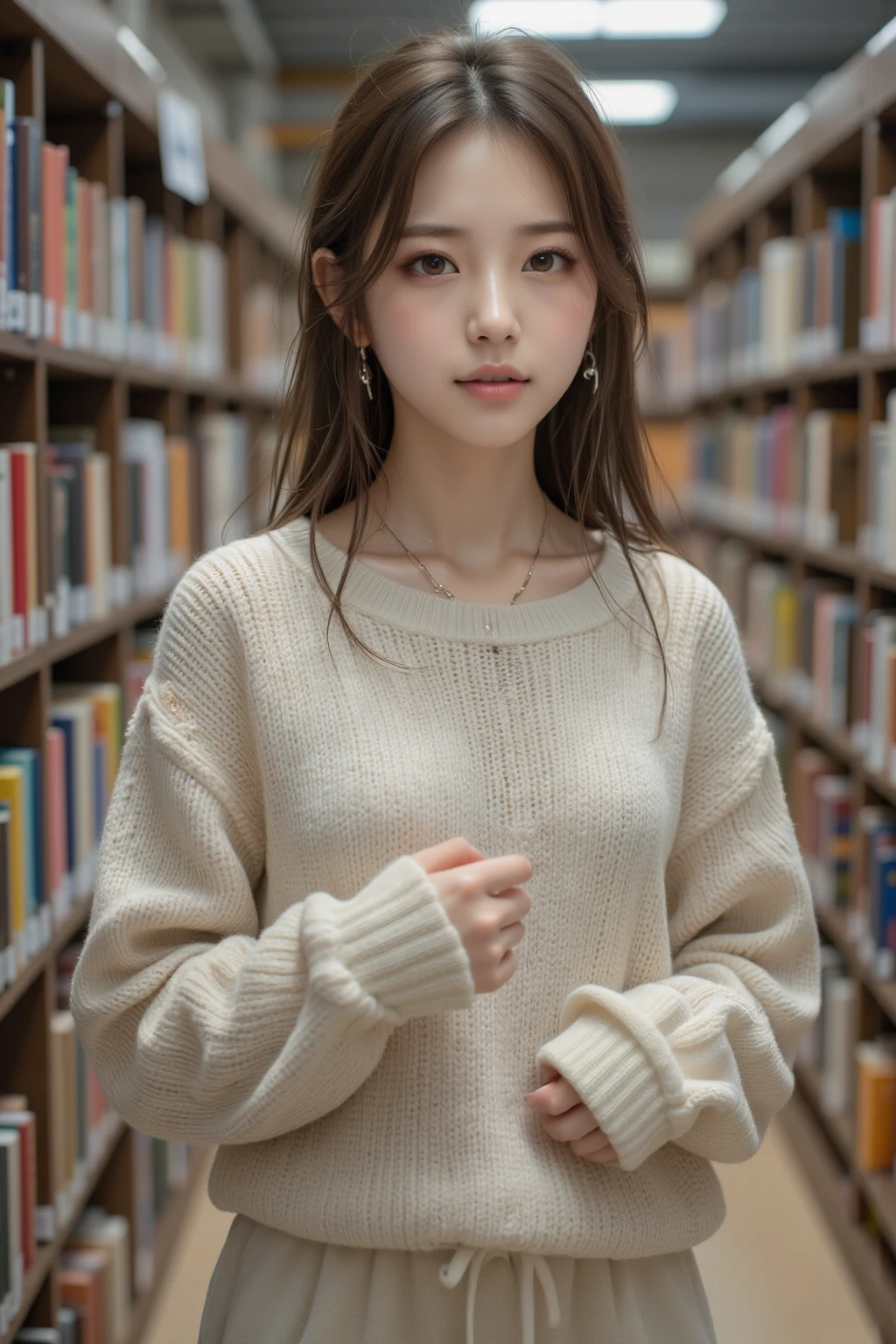best quality, masterpiece, (photorealistic:1.4), 1girl:1.4, dusty old book shop,book shelves, book, picking up a book