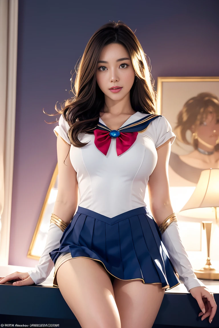 ((perfect ???????, anatomically correct, super detailed skin))), 1 woman, ((sailor warrior uniform:1.6, sailor moon, sailor mars, sailor Venuses, sailor guardians)), from front, shiny skin, detailed hair, detailed face, detailed eyes, (long hair:1.5, brunette hair:1.7), natural bangs, hair between eye, light brown hair, brown eyes, babyface, lip gloss, beautiful body, normal breasts, beautiful thighs, beautiful legs, camel toe, ((detailed cloth texture, blue, red, white, sleeveless top , pleated skirt, pantyhose:1.6, boots:1.6)), white panties, beautiful scenery, summer, (lying on back:1.4), ((close eyes:1.6)), (sleeping), laying on the bed, (8k, top quality, masterpiece​:1.2, extremely detailed), (realistic, photorealistic:1.4), beautiful illustration, natural lighting,