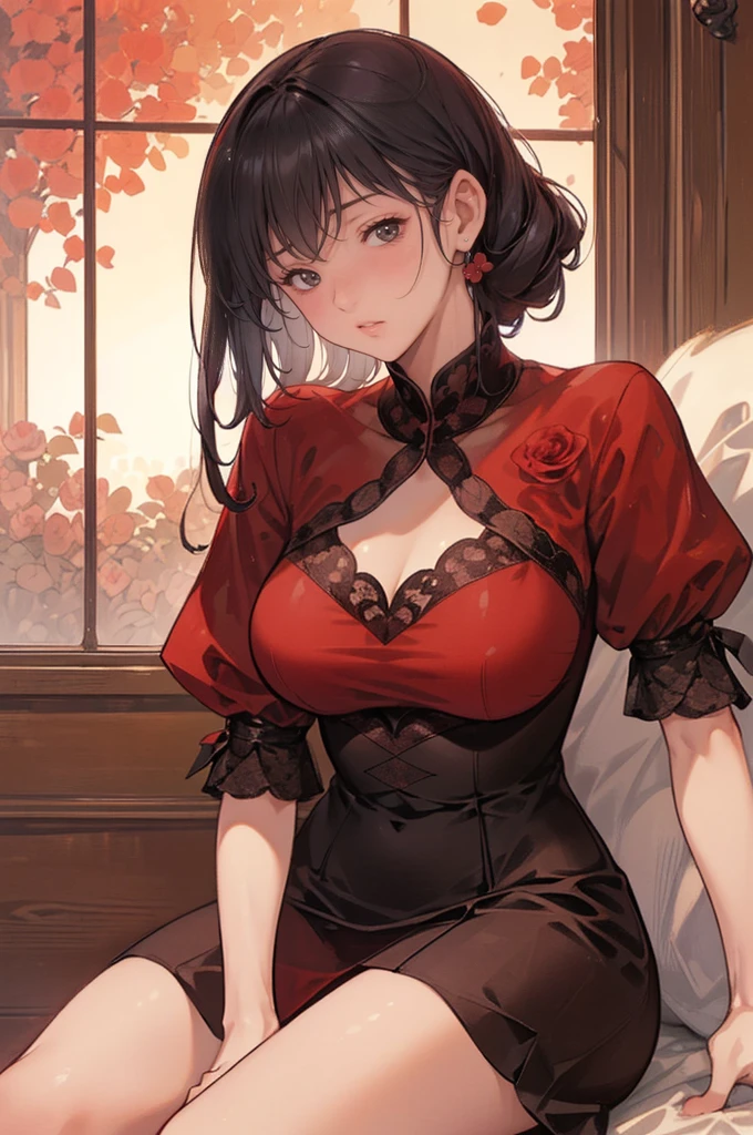anime girl in Red Cheongsam Dress ,sitting on a couch other,guweiz, artwork in the style of guweiz, makoto shinkai and artgerm, guweiz on pixiv artstation, artgerm and atey ghailan, guweiz on artstation pixiv, realistic anime art style, realistic anime artstyle, (anime girl)