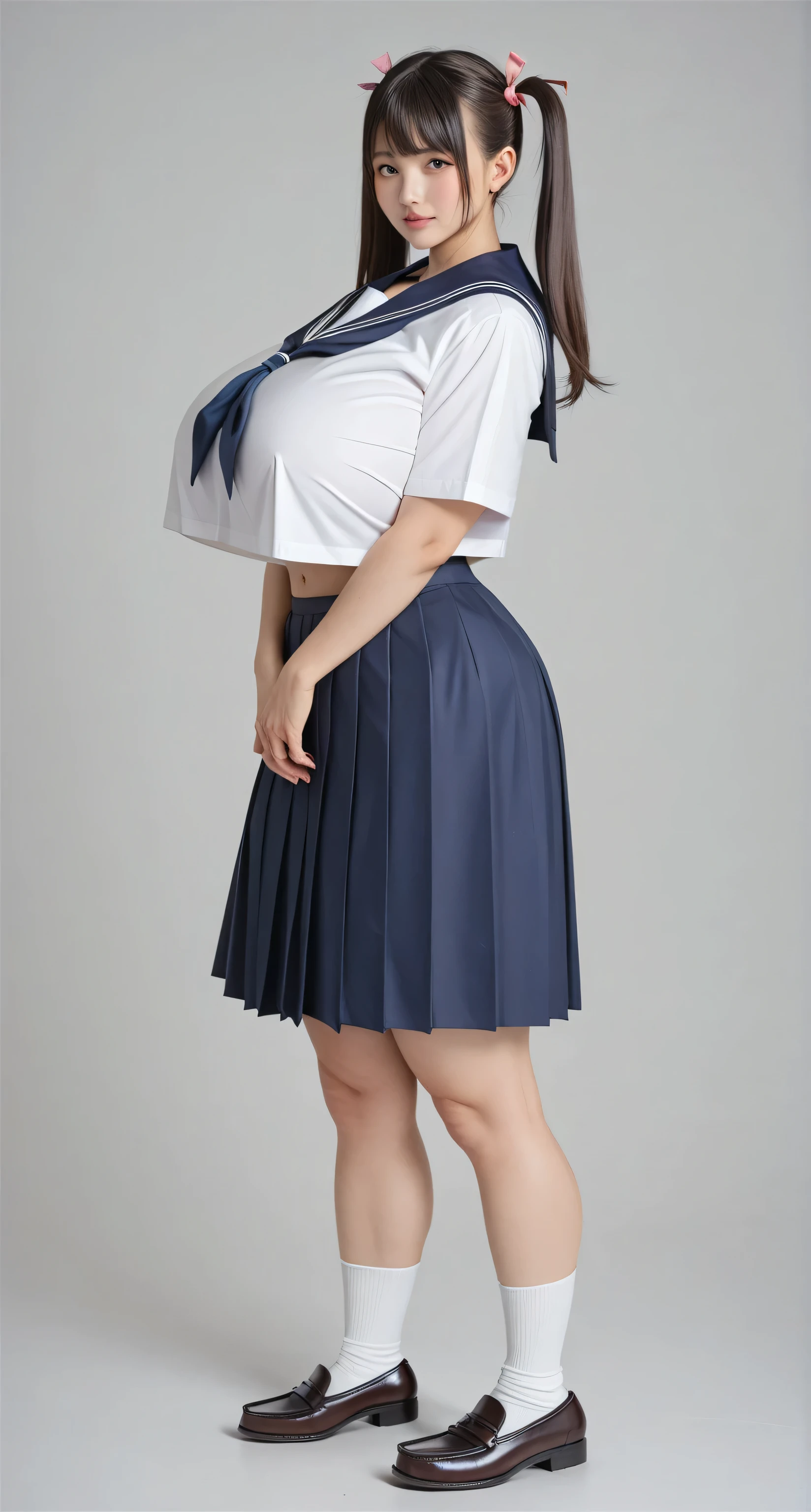 (((8k,Best Quality,best image quality,masterpiece))),Japanese girl, 18 years old,HYPER HUGE BIG BREAST,((( high school sailor uniform))), FULL BODY TO FEET ,((Student loafers)),(((white socks))),(((twin tails)))