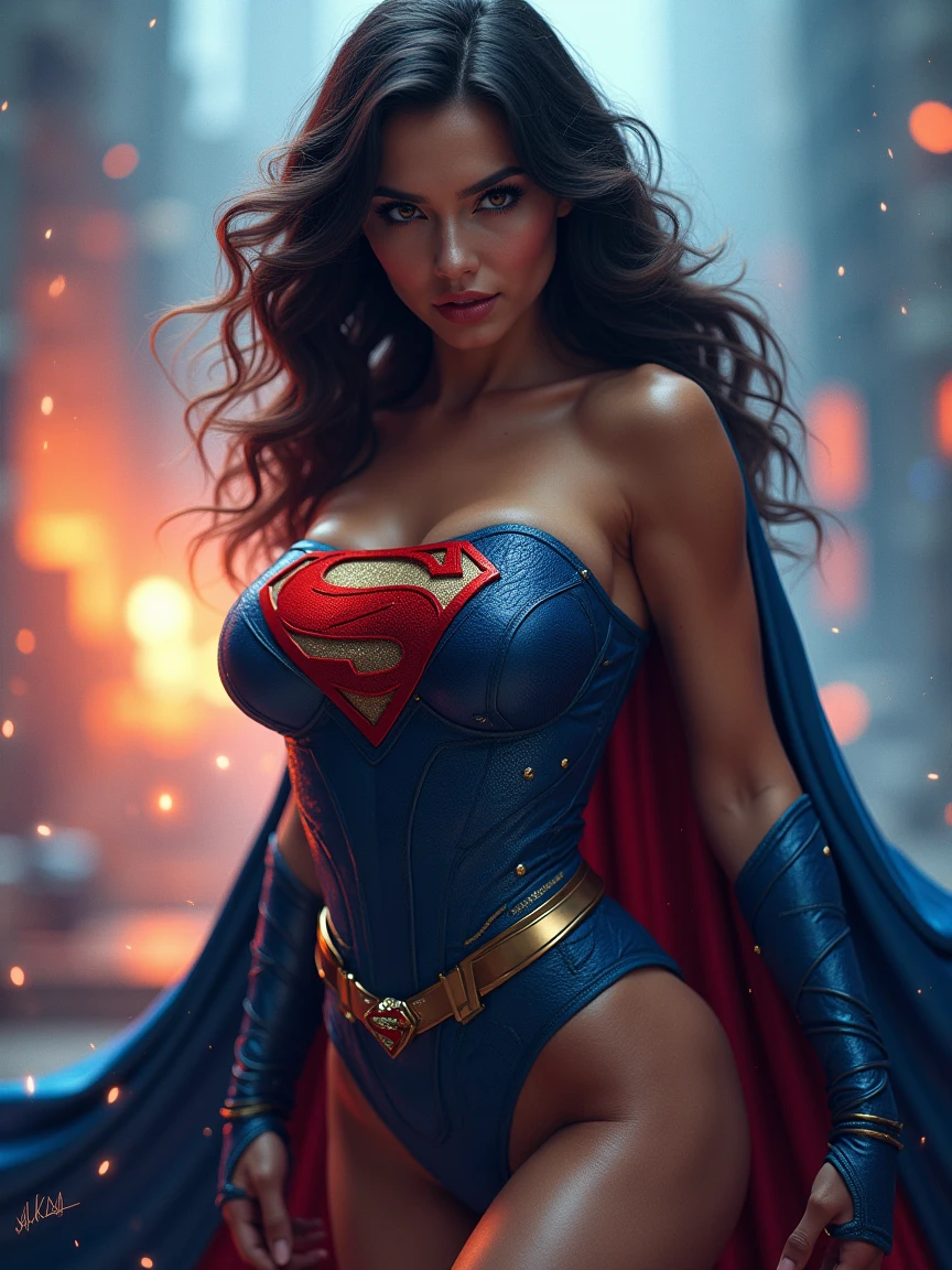 Wide angle, A Long Shot, (corpo inteiro, dynamic pose:1.4), Front view, uma foto de uma menina,Supergirl_traje,
musculoso, peito grande,bareshoulders, cintura fina, Electric_calcinha de cor azul, wide pelvic, coxa,Salto alto,
(galaxy:1.2) Background, burning, Meia-noite_cor azul, (pele realista_Detalhes, sharp fokus, olho_foco, Masterpiece,melhor qualidade,finamente detalhado,extremamente detalhado, Detalhe realista,claro_imagem, Realistic, High_resolution,diferente_imagem:1.2)