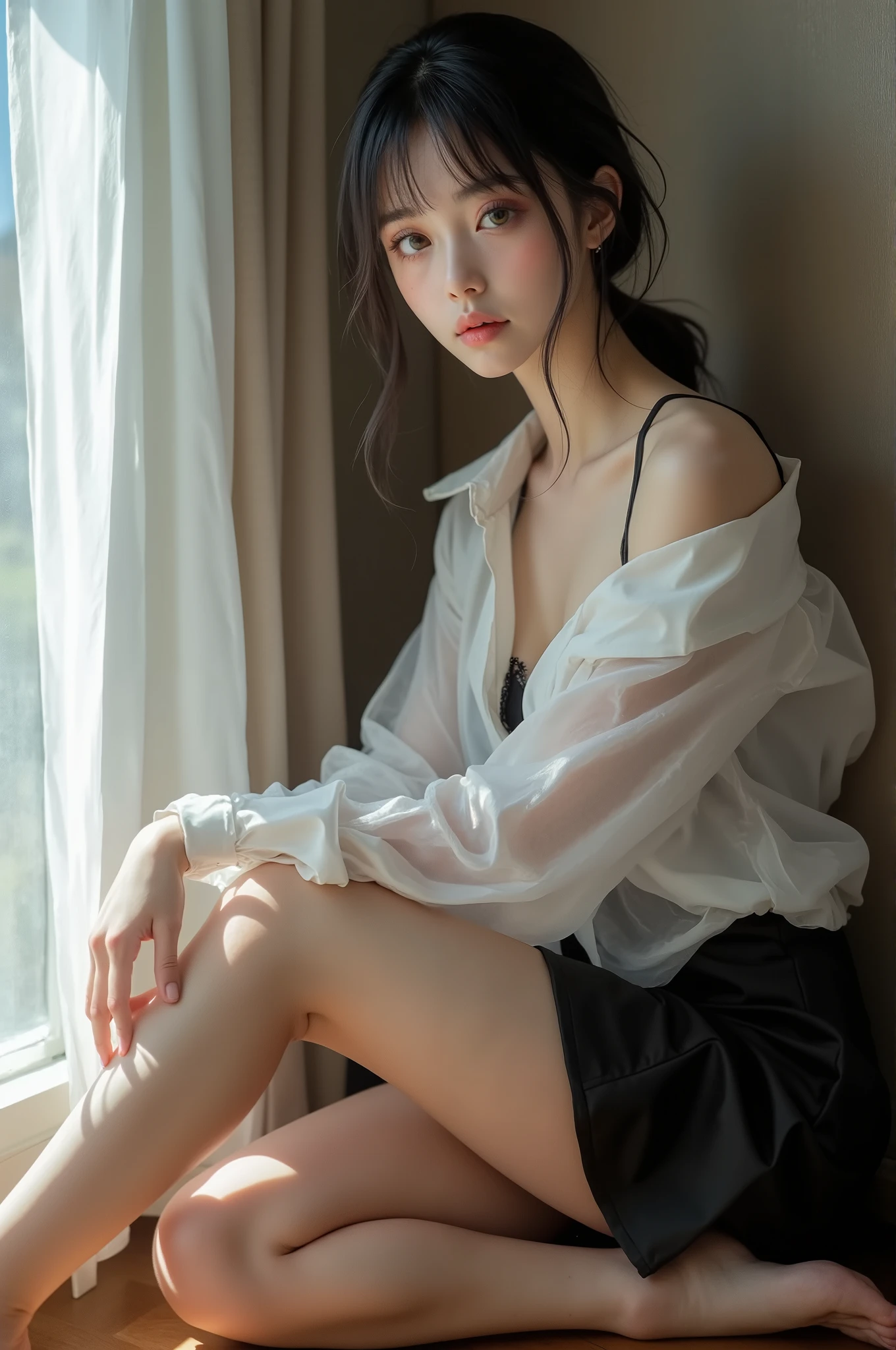 Best Picture Quality， tmasterpiece，Full body photo， 超高分辨率， （fidelity：1.4）， photore， 1 rapariga，[（grieves）]，white  shirt， dimly lit， darkly， be desperate， pitying， cute little， cinematic ligh， tears， tear drop， （）， （wetclothes：1.4）， exposed bare shoulders， Real rain， Wet hair,.