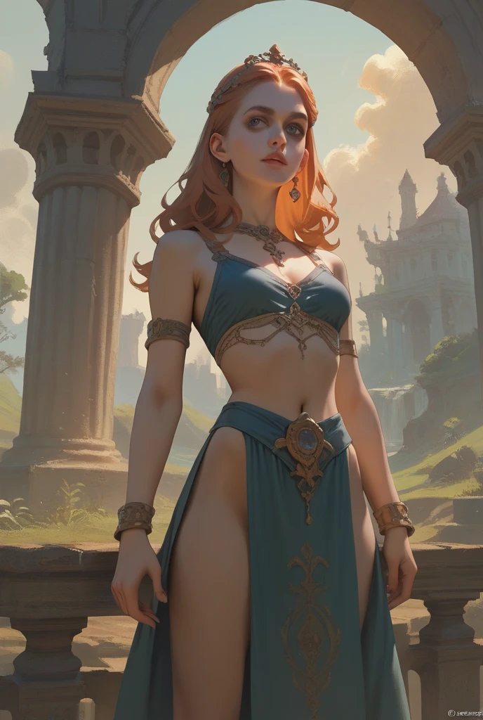 Mulher de 20 anos, pele branca, olhos verdes, red hair half tied into a high bun with braids and the rest left loose in long braids. ela'is at a medieval ball, Her dress is black, longo, volumoso e rodeado de enfeites e joias decorativas. has no sleeves. on her arms there are golden bracelets. Ela segura um cajado dourado com enfeites desenhados nele.
