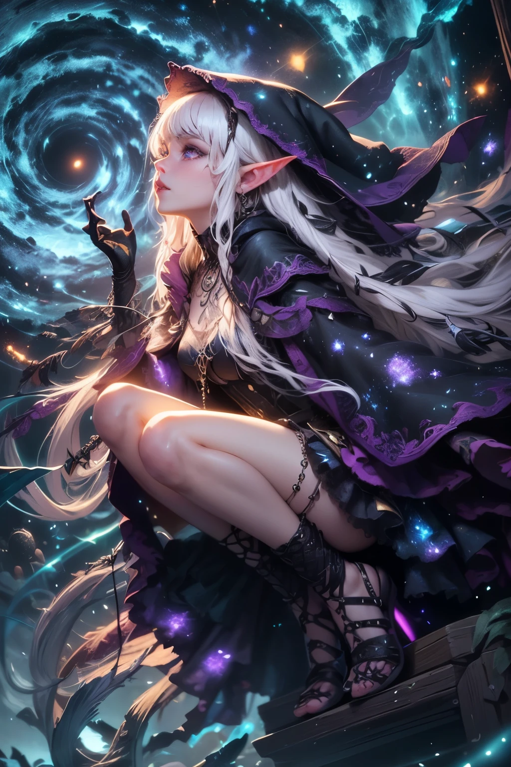 (Ultra-detailed face, Looking Away, Gothic Illustration, Dark Tone Colors.) , BREAK
(View of a woman looking up from an angle. A female dark elf wizard stands with her body twisted on a very tall spire with the wind blowing against a background of many twinkling stars in the night sky, pointing her large hands to the sky. She is cloaked in a large light like several large swirling galaxies that magically cover the area around her body.) , BREAK
(The dark elf female archaeologist has white hair and white eyebrows, crisp bangs, shoulder-length wavy hair, small pink lips, lavender eyes, dark purple skin, and eyeliner.), (She wears a shiny black bib necklace with a net covering her neck. She wears an embroidered purple cape and a classic medieval European-style empire dress with raw embroidery. She wears sandals with braided white laces.)