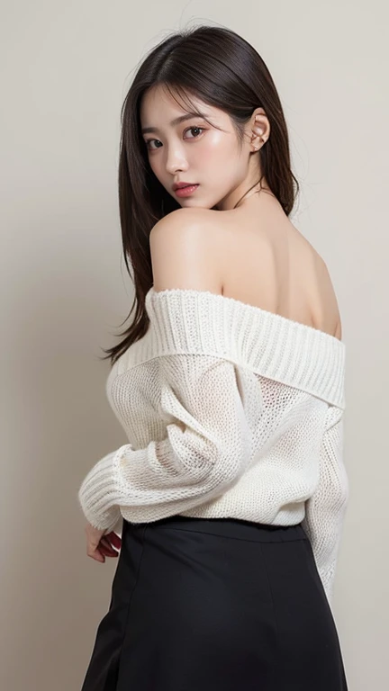 Non-NSFW、Real、Highest quality、Highest quality、masterpiece、Ultra-high resolution、RAW Photos、Real、Bright lighting、Face Light、Smooth Professional Lighting、Looking into the camera、alone、Adult women、Beautiful woman、Super Beauty、Realな肌、Moisturized Skin、Realな目と顔、Perfect model body、Beautiful Eyes、Big eyes、Inconspicuous tear bags、slim、No bra、Beautiful fingers、Very long hair、Beautiful, saturated photography by Emily Soto, clavicle, (mature:1.3), Highest quality, Humidity, attractive,skinny, smile, no_panties, Large Breasts, (masterpiece),(Highest quality), Nipples, ((photoRealistic)), (rain black hair), (Waist-length hair:1.5), Small Ass, Gray background, lips, Realistic, Königsreuter, (Cropped knit sweater:1.5), (Garter Stockings:1.2), (from above:1.1), (looking back1.6)
