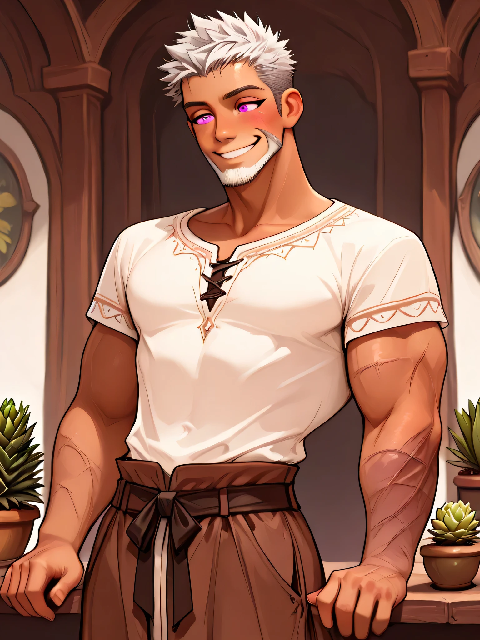 masterpiece, 1 male, Age 30, White Beard, fantasy, looking straight ahead with a smile, Thin waist, succulent, cowboy shots, Three big scars on the cheek, Gray Hair, dark brown skin to sexual activity, up bang, Spiky Hair , very short hair, Rin々like, pink eyes, casual clothes, sexy, has a lot of exposure