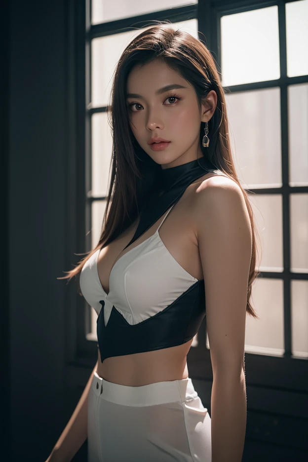 a close up of a woman with long black hair wearing a black bra top, korean symmetrical face, gorgeous young korean woman, xision wu, korean face features, gorgeous chinese model, beautiful south korean woman, yanjun chengt, popular korean makeup, beautiful young korean woman, with very thin lips, beautiful aesthetic face, xintong chen, clear lips and high quality