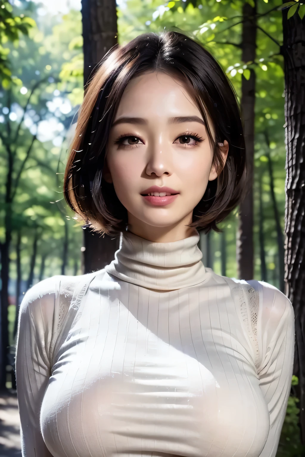 (8k, RAW photo, Best Quality, masterpiece, realistic, Photorealistic), ( female 1 person), (ultimate beauty), very detailed face, (Perfect Teeth), Beautiful Eyes, double eyelids,  eyelashes, smile, lips,  blonde bob, light shines on face, Big Breasts, ((turtleneck sweater)), ((upper body)), ((background:  Wooded Park )), ((writing boundary depth))
