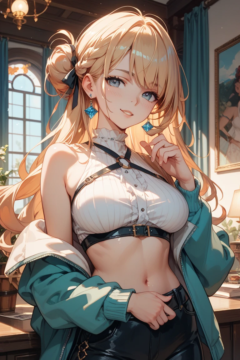 man, masculine, attractive, muscular, ((1man)), masterpiece, absurdres, best quality ,intricate details , (shiny skin, shiny body, shiny oily luster skin, shiny hair, pale skintone), old castle, Sundown, attractive, ((muscular)), adult, one, tattoo ,white blouse, earrings, brown pants, Don't look at the view , Not looking at the view, blonde very long hair, perfect detailed face, perfect detailed hands