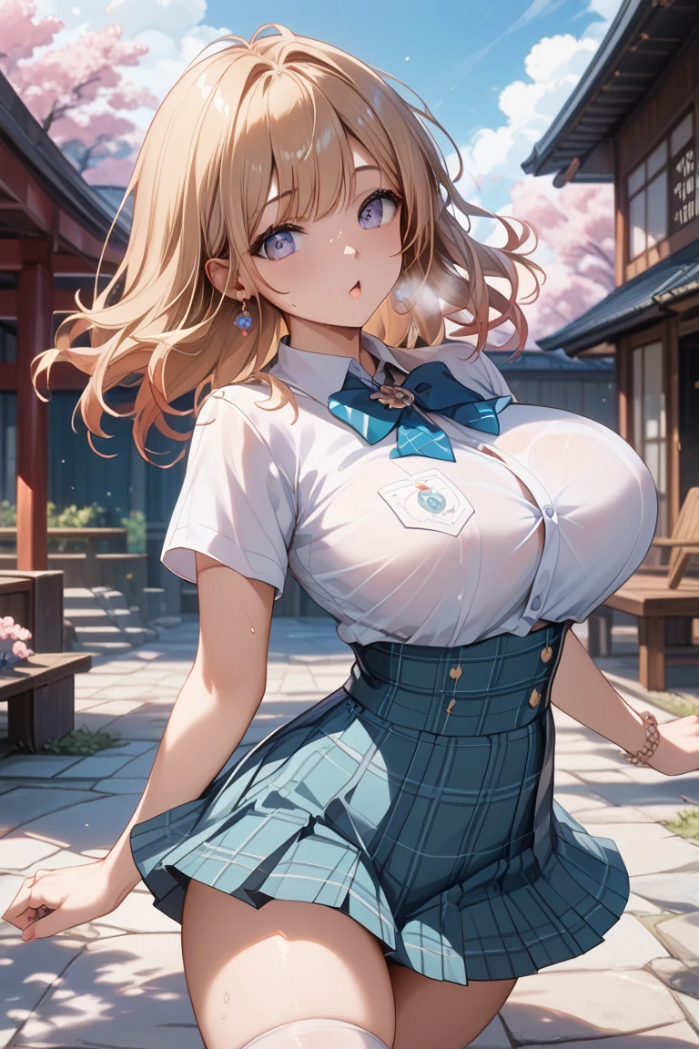 (((masterpiece))), (((highest quality))), nsfw,((Super detailed)), (figure), ((Very delicate and beautiful)), ((Super detailed)), ((High resolution)), (((20-year-old))),,meexpensiveic cloth, (Cheerleader), (Super Heroine), Delicate metal decoration, Glowing Skin, Shiny body, Two legs, breast focus, (((expensive))), Thin legs, ((Big round eyes)), Cute eyes, Droopy eyes, ((Adult)), both hands, Five Fingers, No extra hands, Elegant smile, Braiding, ((meexpensiveic blue)), (See through), (See-through costume),(Dark Blonde), ((Super big boobs)), (Shining brightly), Outdoor, mini skirt, Daytime, ((Biopunk)), (Hair shorter than shoulders), (Medium length hair), Female type, (Clothing that exposes the midsection), garden,(((Lift up your skirt yourself:1.5))),Red micro panties