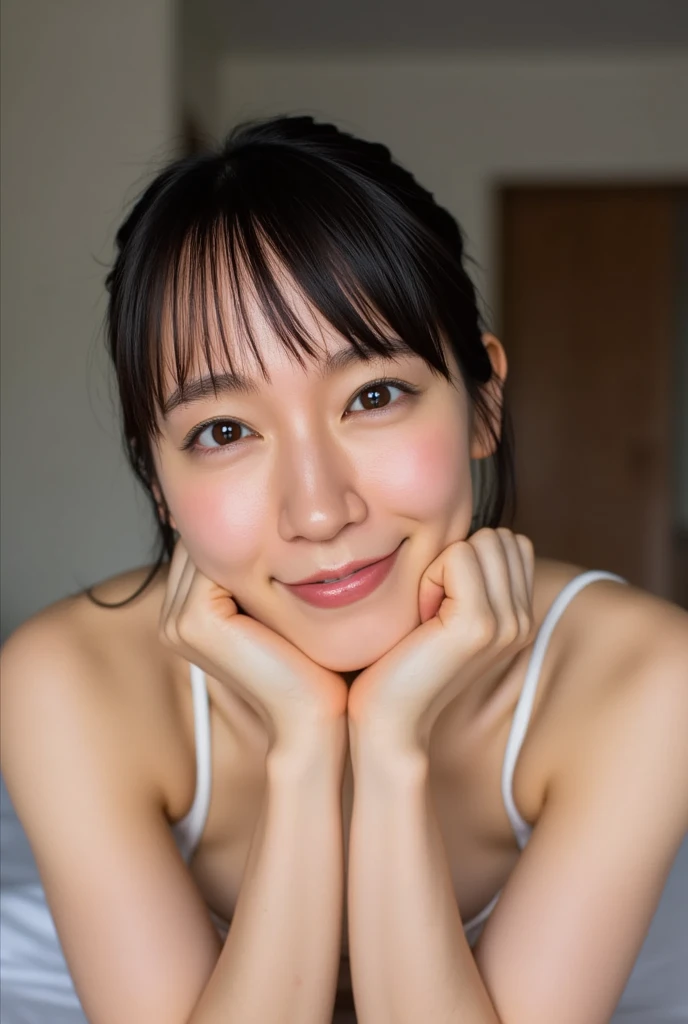 (8K、RAW Photos、Highest quality、masterpiece:1.2)、(Realistic、Realistic)、1 Girl、((Completely naked、After sexual intercourse、Waking up、Bedroom、morning、 the bed、Lie down in bed、Short Hair、Bobcut、Flat Chest、Nipples、Big Ass、smile、Looking at the camera and smiling))、cute
