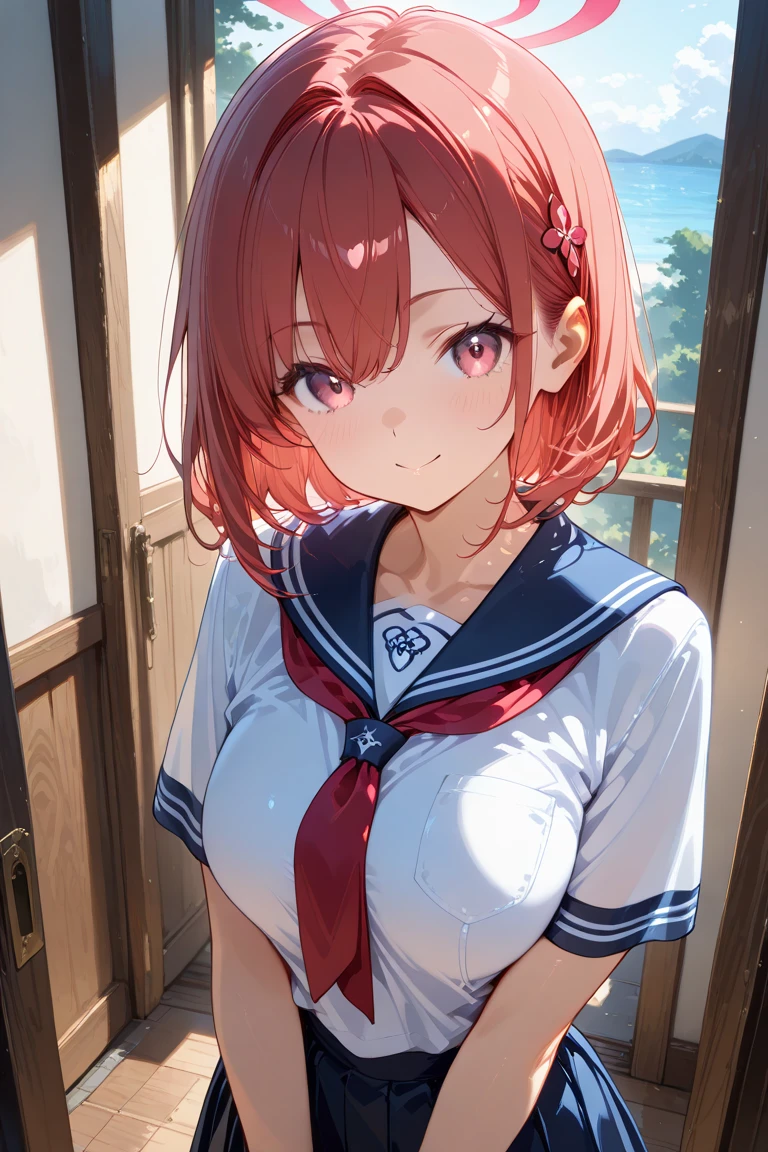 ((highest quality, High resolution,  perfect pixel, written boundary depth, 4k)), 1 girl,  beautiful anime girl, 
close, looking at the viewer, 
perfect body, 

yuigahama yui, (huge breast), single hair bun, short hair, 

Sailor Uniform, red ribbon, 
(blush:1.1), 

cloud, sunshine, from below, 