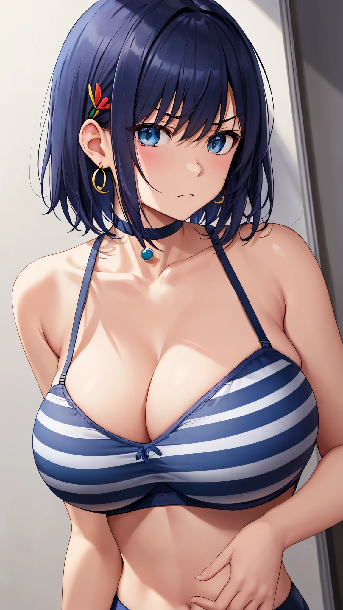 Beautiful Girl, Navy Blue Hair,short hair(Inward Curling Bob) ,blue eyes,(Navy blue halter bikini)、(Big Tits)、blue earrings,In close range、blue necklace、Firm breasts、Sexy pose、,Embarrassed look、
