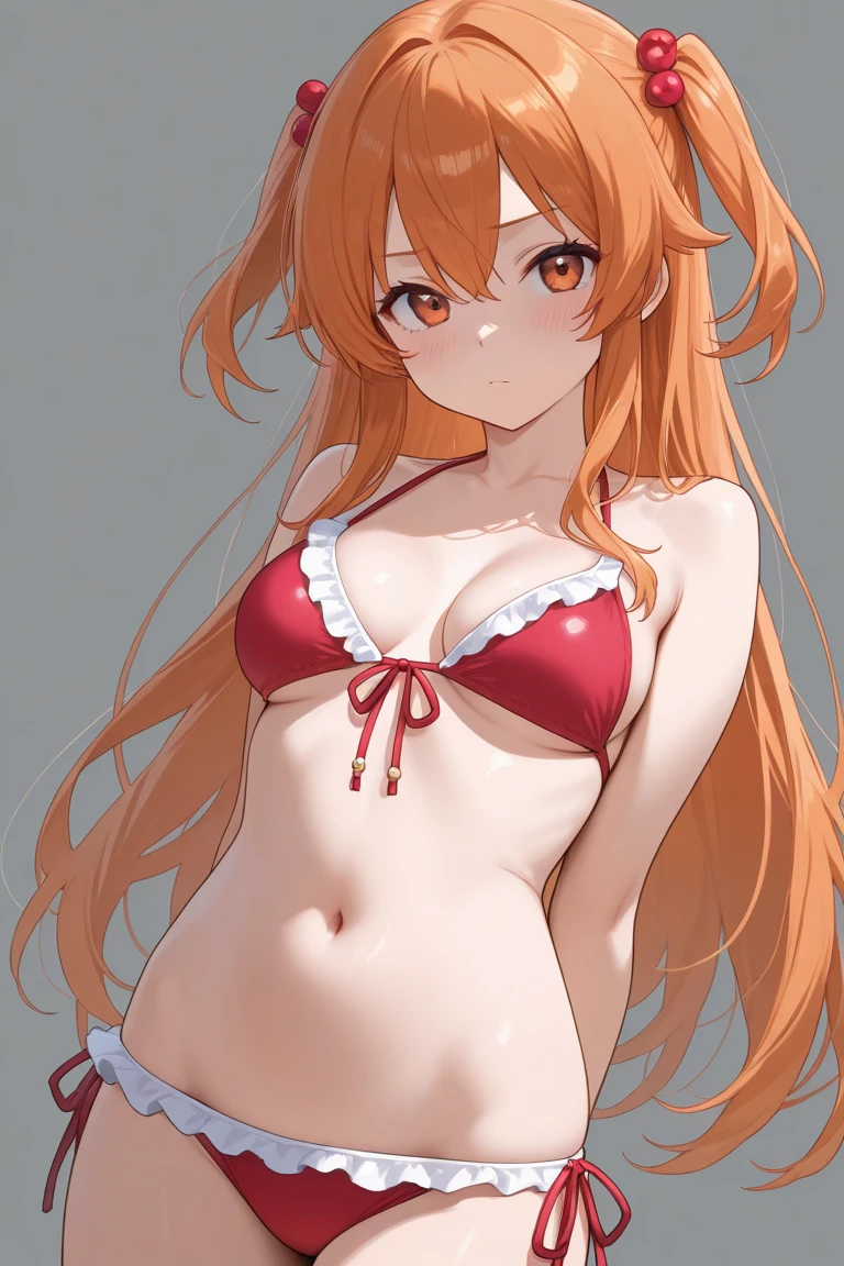 alone, (1 girl:1.3), 1 Grill, Ruby Hoshino, (yellow hair:1.5), long hair, (pink eyes:1.5), (side lock:1.3), (left eye star pupil:1.5), (pink right eye:1.5) (red bikini:1.3), (masterpiece:1.2), highest quality, High resolution, unity 8k wallpaper, (shape:0.8), (beautiful and detailed eyes:1.6), highly detailed face, perfect lighting, (perfect hands, perfect fingers, perfect anatomy), smile, best writing, best light up, (simple white background:1.3), (cowboy shot:1.3), stand
