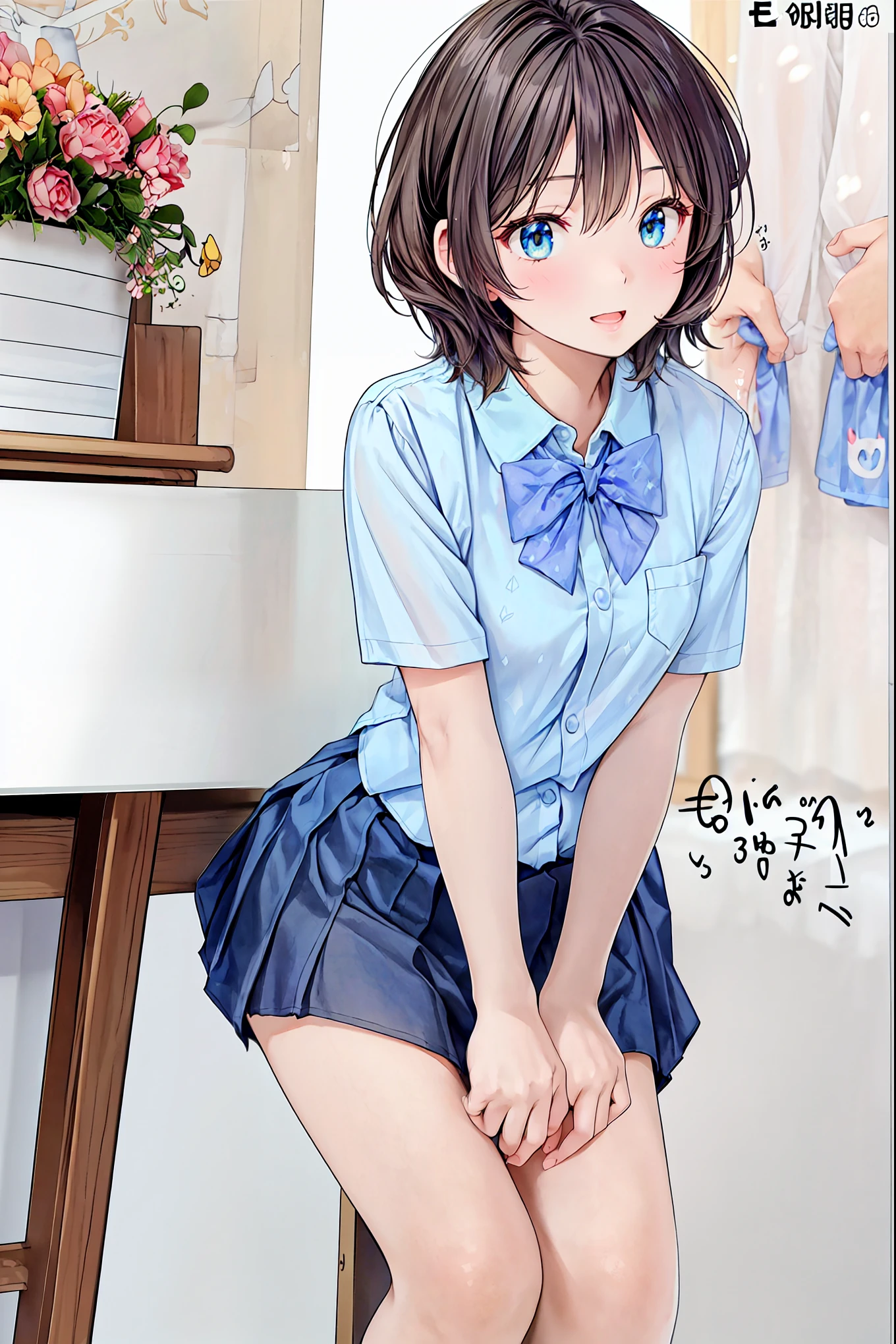 katoumegumi, megumi katou, Beautiful clavicle, Beautiful body, Beautiful breasts, とてもLarge Breasts:1.5, Beautiful thighs, Exposed and seductive thighs, Beautiful feet,((Short sleeve, Cute Japanese High School Uniforms, Ultra mini skirt、Navy blue knee-high socks、garter belt、Brown Loafers、Red collar)), ((surprised, Open your mouth、smile)), spread your legs to the sides,, ((Pulling on panties)), Very short hair,非常にShort bob cut、 (Beautiful brown eyes:1.7), (((Large Breasts:1.5、Beautiful breasts、Pointed Chest))),Ultra mini skirt, Incredibly slim legs、Very small waist、(((Japanese school girl uniform:1.5)))、(((Perfect Anatomy, Anatomically correct, Very detailedな肌))), One girl, Japanese, high School girl, Shiny skin, Observe your audience,  (Low Angle:1.2), Beautiful Hair, Beautiful Face, Beautiful fine details, (((short hair:1.5, Short bob cut:1.5))), Baby Face, (Beautiful views), summer, School, Men&#39;s restroom、8k, highest quality, Masterpiece​:1.2, Very detailed), (Realistic), Beautiful illustrations, Natural light, Shooting from below、Looking down、Laugh like a troubled、