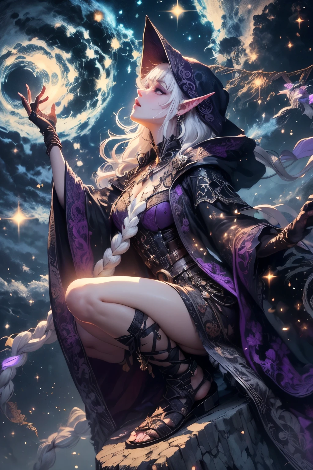 (Ultra-detailed face, Looking Away, Gothic Illustration, Dark Tone Colors.) , BREAK
(View of a woman looking up from an angle. A female dark elf wizard stands with her body twisted on a very tall spire with the wind blowing against a background of many twinkling stars in the night sky, pointing her large hands to the sky. She is cloaked in a large light like several large swirling galaxies that magically cover the area around her body.) , BREAK
(The dark elf female archaeologist has white hair and white eyebrows, crisp bangs, shoulder-length wavy hair, small pink lips, lavender eyes, dark purple skin, and eyeliner.), (She wears a shiny black bib necklace with a net covering her neck. She wears an embroidered purple cape and a classic medieval European-style empire dress with raw embroidery. She wears sandals with braided white laces.)