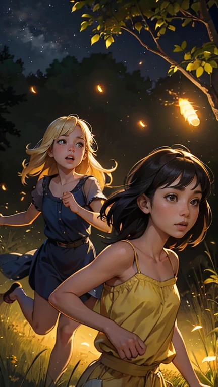 Many fireflies fly around on summer nights, Two girls chasing it, Her mother is nearby watching..