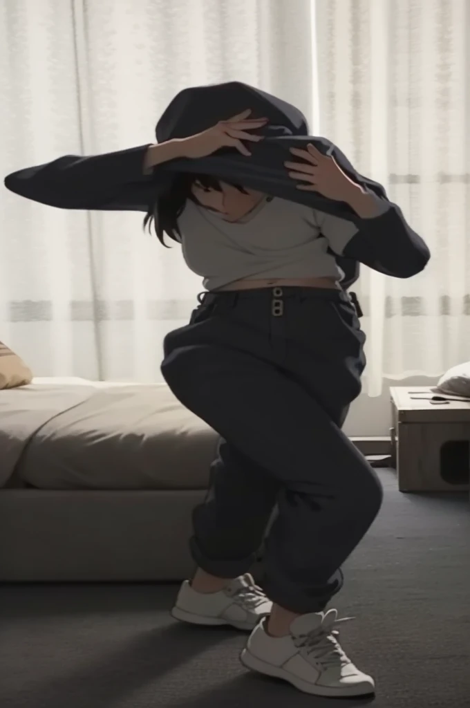 Japanese Girl thin body sees the ghost and pees her light blue lose pajama pants until his pants are wet pants in fright.