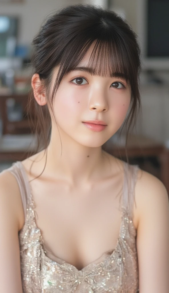 高品質in超リアルなポートレート。彼女は小さく繊細な顔立ちin、I have a slightly round face shape。Her expressive almond eyes gaze kindly and warmly..、私は眉毛が強いinす。肌は無垢in透き通るような白さin、It has a natural shine。(彼女の髪は茶色inピクシーカットinす.:1.3)in、シンプルinエレガントに整えられています。メイクはナチュラルin、Light foundation and subtle blush、Uses a soft pink lip color。ライティングはソフトin自然な光を使用し、Accentuating facial features、Do not emphasize shadows。背景はシンプルinぼかしたグラデーションin、Focus on the face。