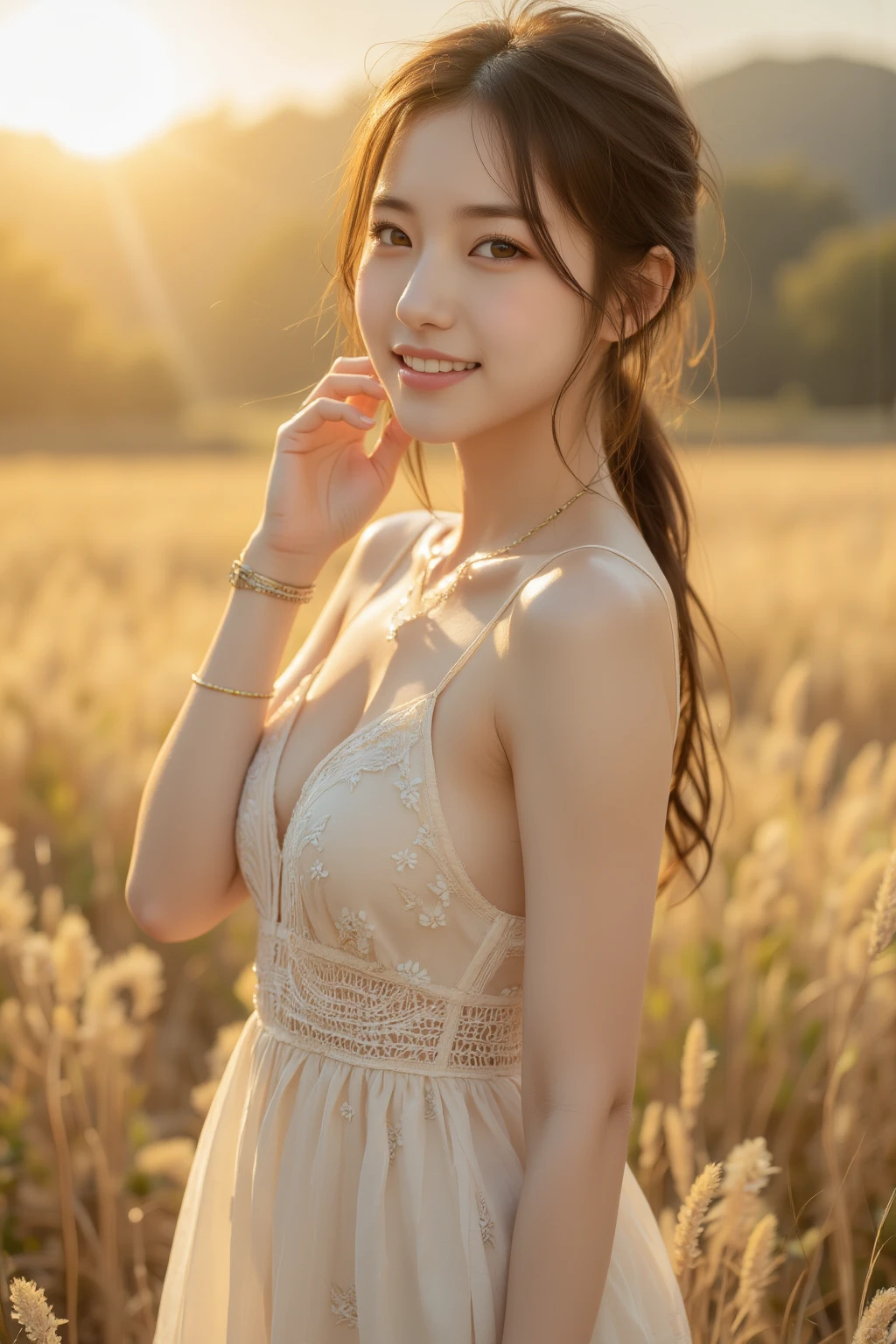 Highest quality ,masterpiece,Ultra-high resolution, very beautidebtul, cute, (Photorealistic:1.4), One girl, Japanese, Brown Hair, Cinematic, 35mm lens, debt/ 1. 8, Accent lighting, 8k, empire wedding dress, Cleavage, close, smile,Grassland Background, blue sky,