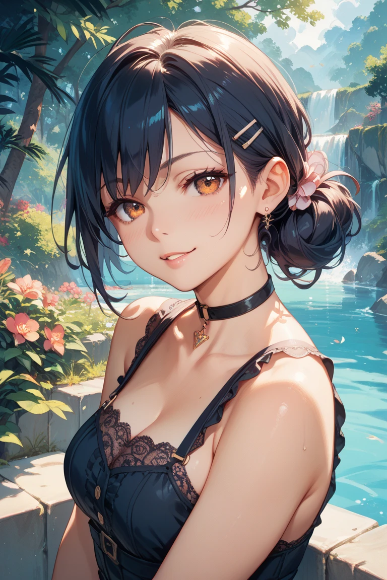 ((greatest masterpiece:1.3, ultimate quality:1.3, ultra-detailed:1.2)), (movie lighting), ((perfectly sensual)), super fine illustration, an extremely delicate and beautiful, 4K, 8K, 16K, UHD, Create an image of a young woman with a sporty and erotic physique with large breasts, standing outdoors by a poolside in a playful, relaxed manner. She is wearing a sleek, Sexy and minimalist black bikini with little fabric area her toned figure. The woman is leaning slightly forward, giving a gentle and inviting smile, her posture suggesting both confidence and warmth. Her short hair frames her face softly, and her earrings add a touch of elegance. The background features a clear sky with a few trees in the distance, emphasizing the outdoor setting. The image should capture the combination of her playful, flirtatious demeanor and the casual, sunny environment.
