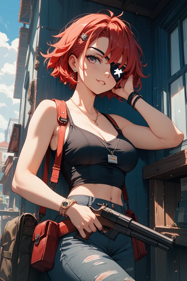 a woman with long flowing red hair wearing a bikini top and shorts, aiming a pistol directly at the camera with her eyes closed, leaning against a brick wall in the foreground, city skyline with skyscrapers in the background, cowboy bebop style, cinematic lighting, highly detailed, photorealistic, award winning digital art