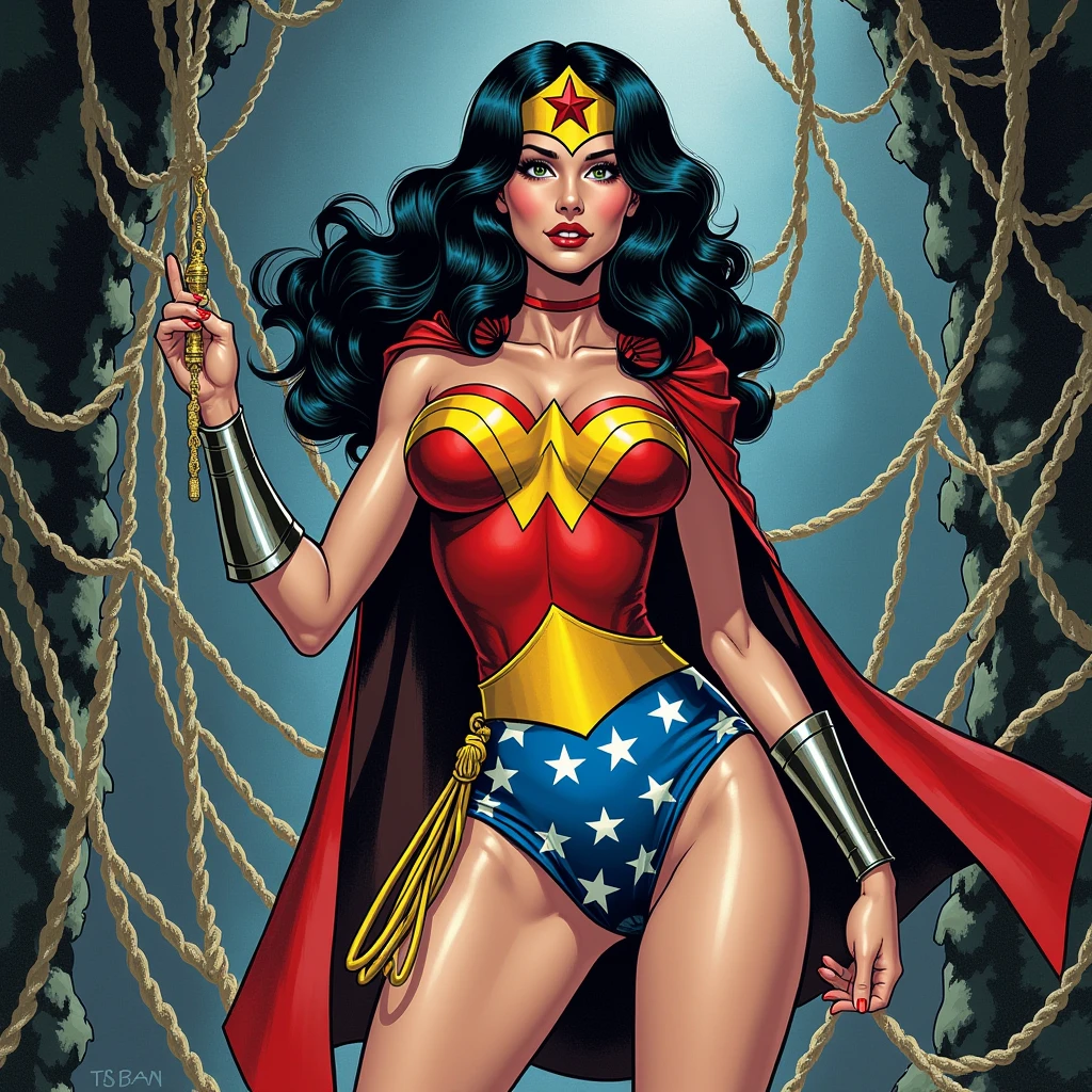 Lynda Carter Wonder Woman, pin-up poster girl, pinup, pin up style, dramatic lighting, large breast, colorful , masterpieces, illustrated, detailed face, Detailed hands, detailed legs, tight body, pinup art style by Zoe Mozert