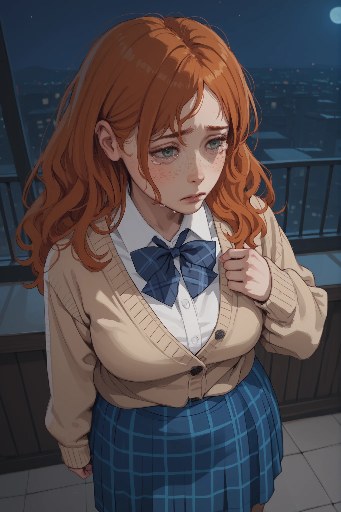 1 girl, long wavy ginger hair, freckles, voluptuous, tears, sad, beige cardigan, white shirt, blue plaid skirt, at night, looking from above