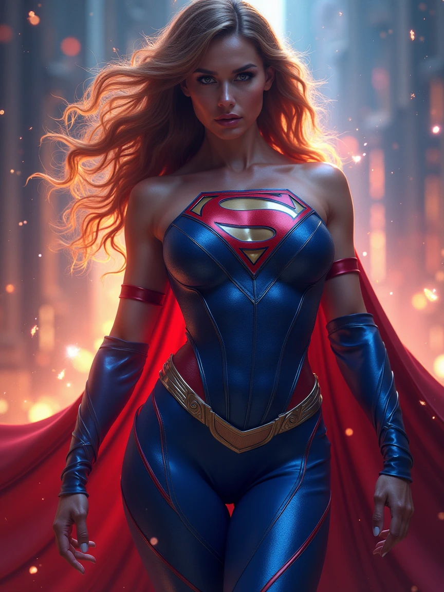 A MUSCULAR FEMALE, WITH LONG RED HAIR, GREEN EYES, WITH A ???? BODY, WEARING A CLASSIC SUPERMAN COSTUME AND RED CAPE. ABSURD 8K RESOLUTION, INCREDIBLY DETAILED SKIN AND EYES