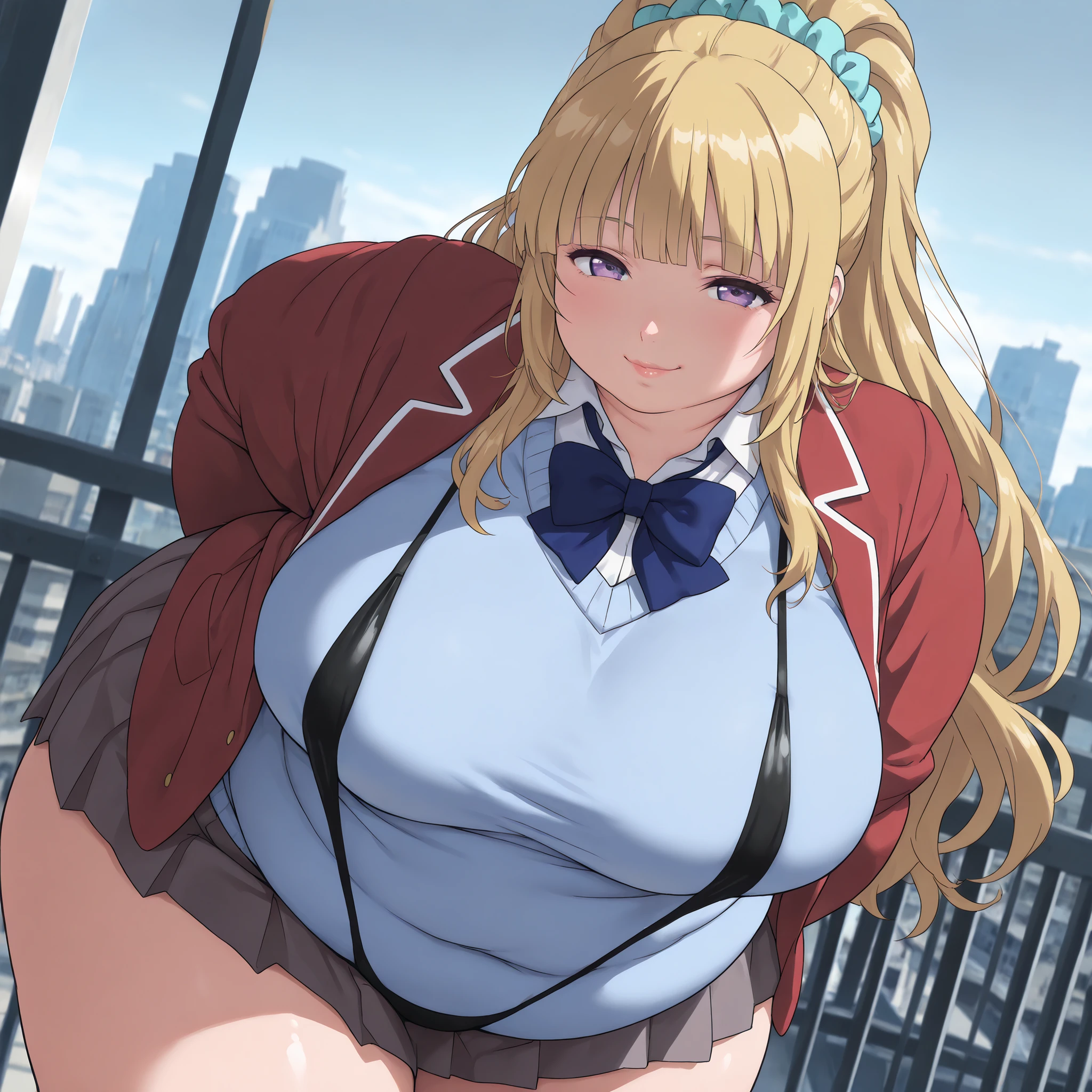 1 woman, beautiful mature woman, attractive detailed face, delicate facial features, detailed skin, huge breasts, slingshot swimsuit, hand behind back, looking seductive, ultra-detailed, (best quality,4k,8k,highres,masterpiece:1.2), cinematic lighting, octane render, 8k uhd, extremely detailed, intricate details, hyper realistic, high definition, sharp focus, ,compositionmuted colors, skin pores, score_9, score_8_up, score_7_up, (cowboy shot, dutch angle:1.2), score_9, score_8_up, score_7_up, source_anime,
keikaruizawa, kei karuizawa, long hair, bangs, blunt bangs, purple eyes, blonde hair, shirt, hair ornament, ponytail, scrunchie, blue scrunchie, smile,
skirt, shirt, bow, school uniform, jacket, red jacket, pleated skirt, bowtie, sweater, blue bow, blue shirt,
outdoors, cityscape, bent over,
looking at viewer, cowboy shot, dutch angle,, (negative_v2 Color_Balance_Calibration:0.8), negativeXL_D, aidxlv05_neg, Stable_Yogis_Animetoon_Negatives, chubby, chubby girl, curvy, large breasts, lips, plump, thick thighs, thighs, (((oversized gigantic stomach)), curvy, large breasts, lips, plump, thick thighs, thigh, immobile