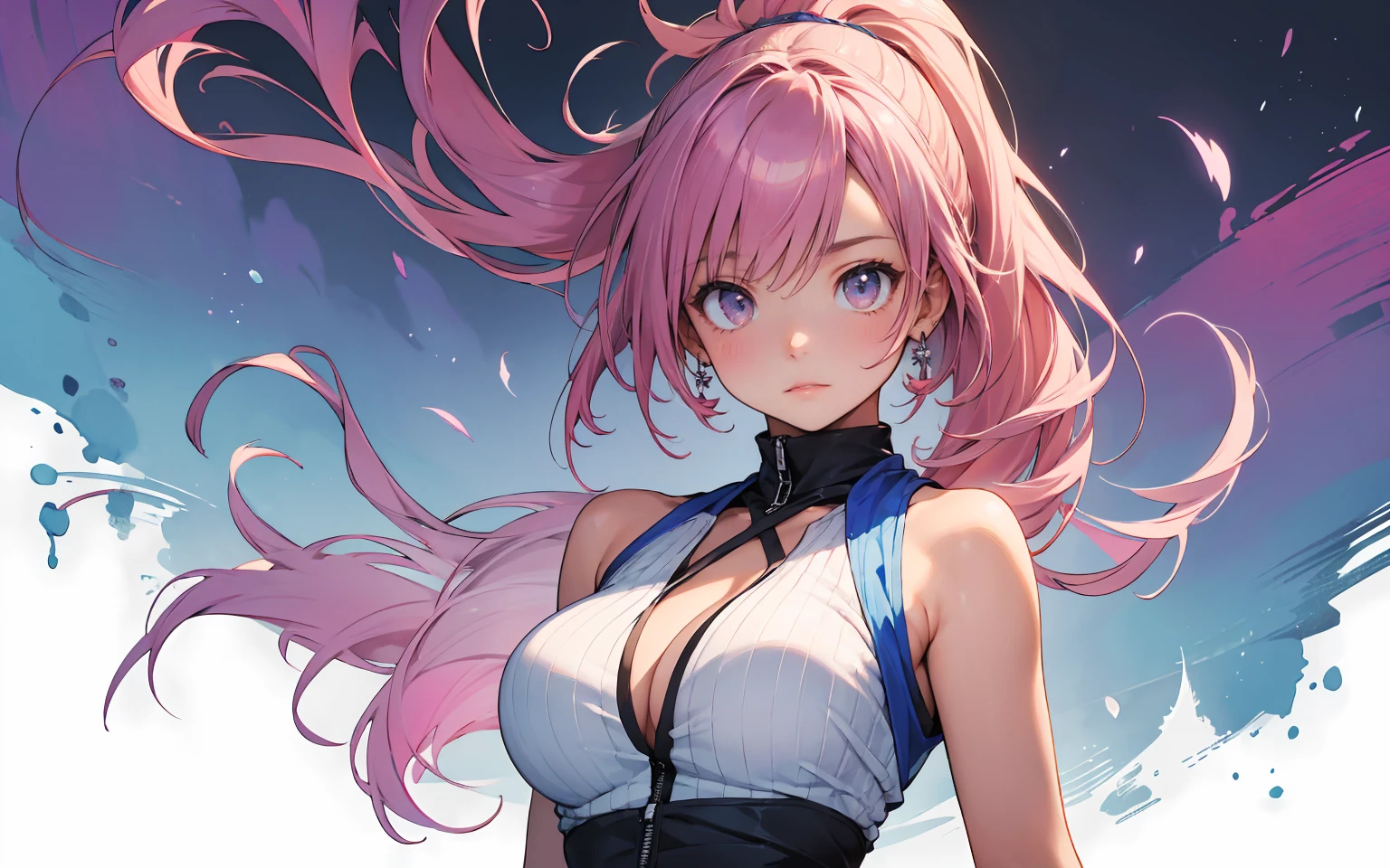 1 person、Mature、Ample breasts、Pink Hair、Long Hair、ponytail、Voluminous hair、Light blue eyes、Tied by a thread、Being tied up、resistance、Reluctant、sit、Earrings、No clothes、Upper body naked、Nipples、Embarrassing、blush、Look to the side、Nipplesを摘む、はみ出すNipples、High resolution、Highest quality