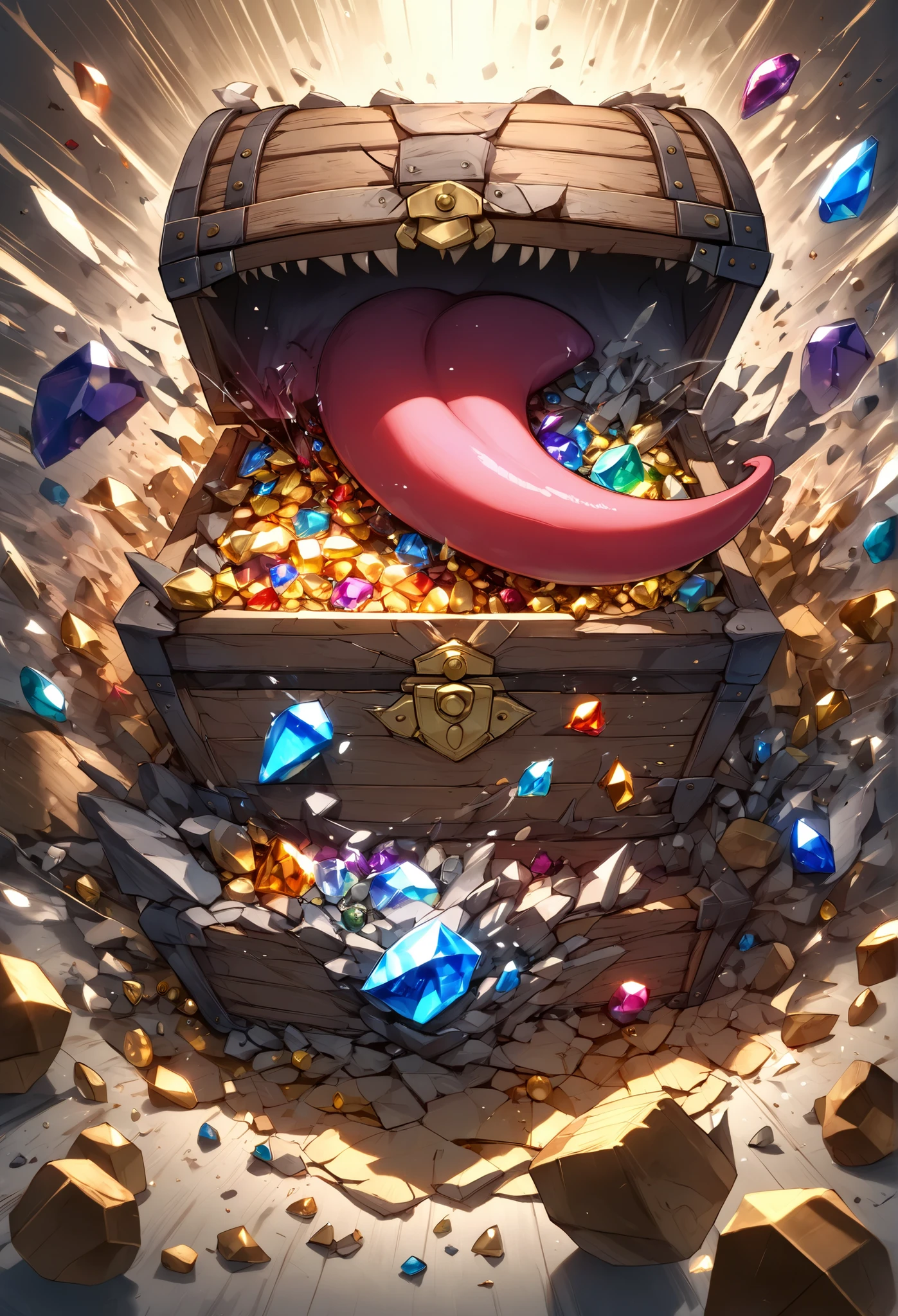 Imitation of a treasure chest, is upscale宝箱, upscale, sharp teeth, long tongue, Vertical Tension, Open the chest lid with treasures,
BREAK aestheticな装飾品の中に見える凶暴な歯と舌, gemstoneに埋もれている, sharp fangs, luxury, is upscale, Three-dimensional, SMASH, Strong Alert,
BREAK gemstone, Precious metals, artwork, All First Class,
BREAK 不条理な罠, A gem full of curiosity, Fantastic Mist,
BREAK ドラマチックな映画照明, SMASH A GEM,
BREAK ダイナミックに開く蓋, motion blur, Methods for attracting the audience's attention, x} Exquisite and fine work with a brush, 最is upscaleの写真印刷,
BREAK (dynamic shot:1.4, Above:1.3), long exposure,
BREAK はじけ飛ぶ財宝, gemstone, Precious metals, artwork, aesthetic, Wide Open Cover, cryptic,
BREAK 最高品質, Highest quality, Highest resolution, BREAK sharp fangs, big tongue , SHATTER,