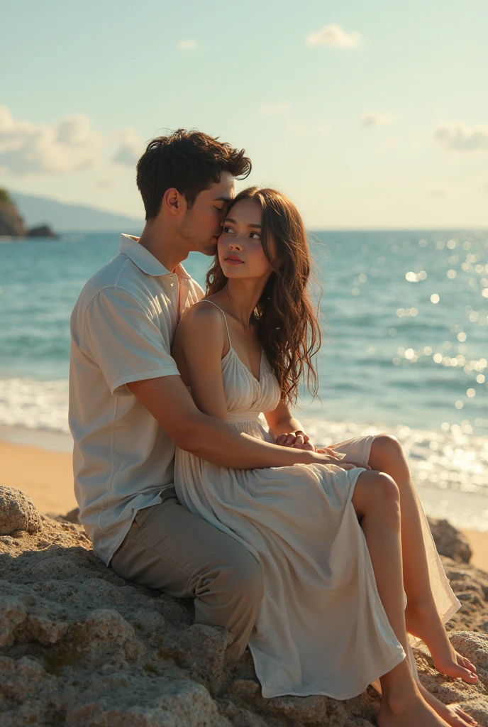 Caucasian woman resting her head on man's shoulder、photograph、sitting、romantic atmosphere、beach