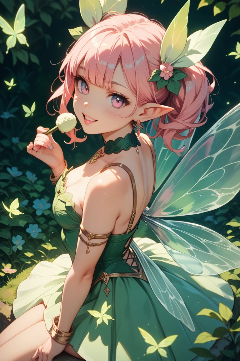 (face focus), (1 girl, woman, solo, pale skin, cute), (short hair to shoulders, curled hair, dark pink hair, yellow eyes, cute face, smile), fairy girl, fairy wings, pink ruffled dress, petunia flower, fairy, elven ears, fairy wings, golden tiara, pink petunia, petunia hair ornament, garden, having fairy wings on the back, flower basket, Picnic with rabbits