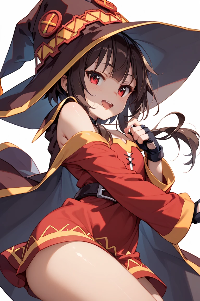 masterpiece, best quality, 1 girl, detailed beautiful face, megumin, witch, smiling, flat chest, skirt lift, pantie shot