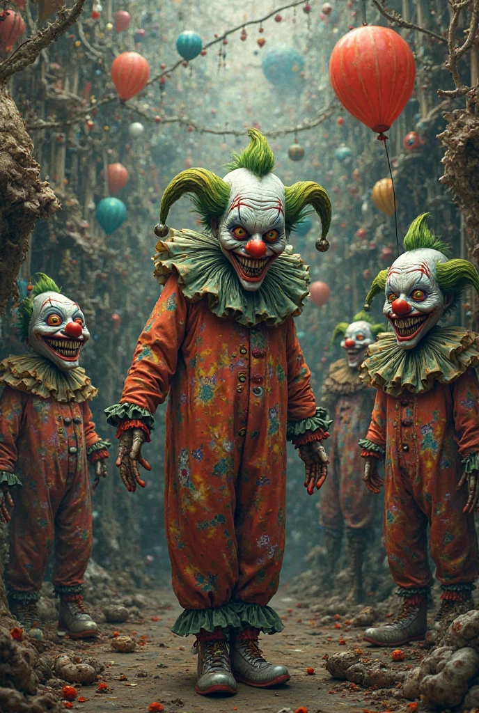((3 crazy mean clowns holding pitchforks, garbage pail kids style)), in the woods, 3d cartoon, high quality, detailed,