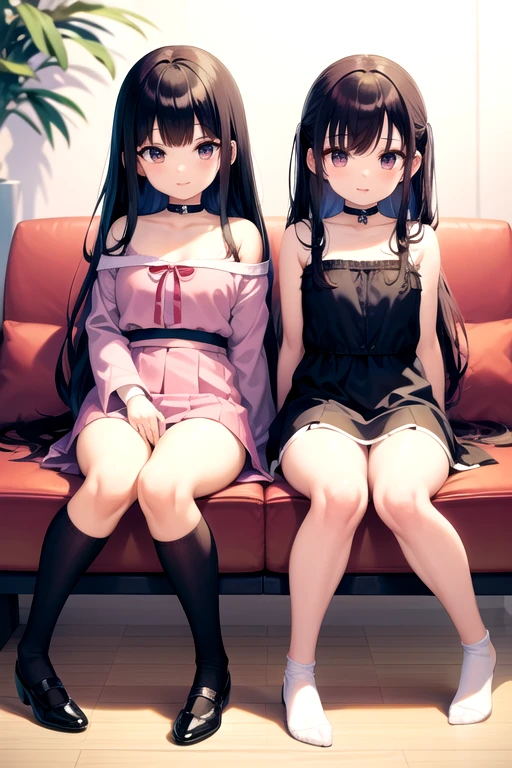 ((Highest quality)), ((anime)), (Perfect Face),(Small breasts),Perfect Fingers,Gentle expression,Beautiful face,Middle school students,bed,Thin arms,Skinny,Black Hair,Thin legs,genital,Sisters