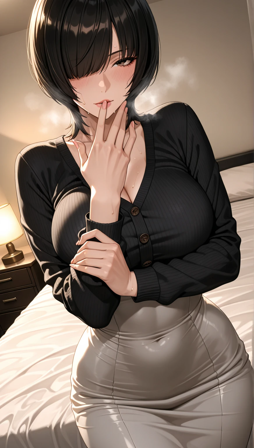 ((super high quality,Ultra-high resolution,4K,8k,super masterpiece,Ultra HD ,Detailed shading)),Dimly lit bedroom,Full body photo,Sexy mother,Lying in bed,A white shirt with the collar turned up,Tight collar,Long sleeve,Black Pencil Skirt,Black Hair,Penis inserted from the front,Sex,Glasses,Spread your legs,Ahegao,blush,Sweaty,semen,Drooling,Pearl Earrings,Pearl Necklace,Engagement Rings,