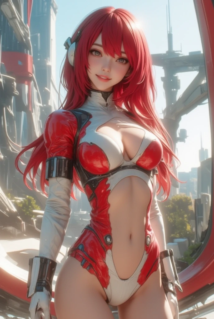 Highest image quality，Outstanding details，超高分辨率，（Fidelity：1.4），The best illustration，Favor the details，closeup cleavage，A mech girl，He has a delicate and beautiful face，（（Red and white semi-mechanical body：1.8）），Raised sexy，乳溝, frontage，onbed, cyber punk perssonage，Futuristic，mechanically aesthetic，Complex machinery，The background is a high-tech lighting scene in the future city，Virtual Engine 5，Perfect detail rendering，rendering by octane，hyper HD