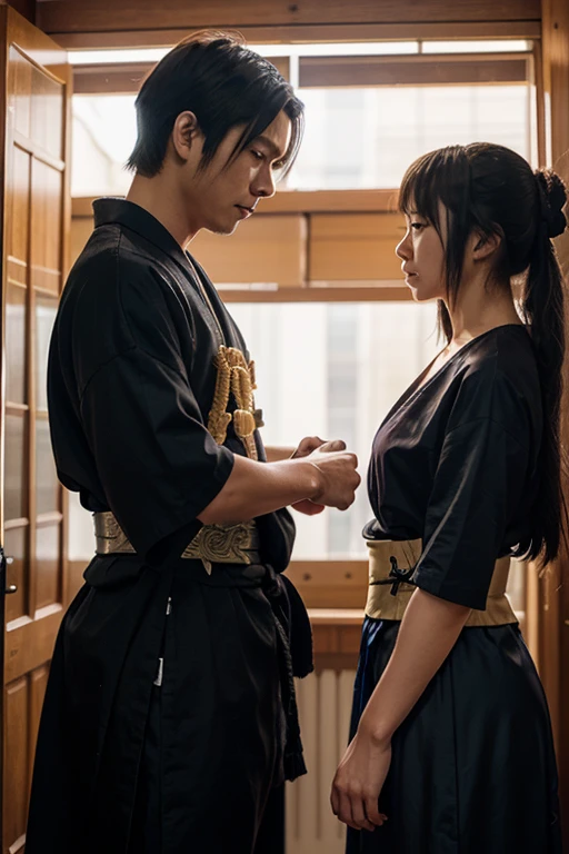 A man is pushing a woman down on the bed. Height difference between men and women. Short. Hooded. Kimono.