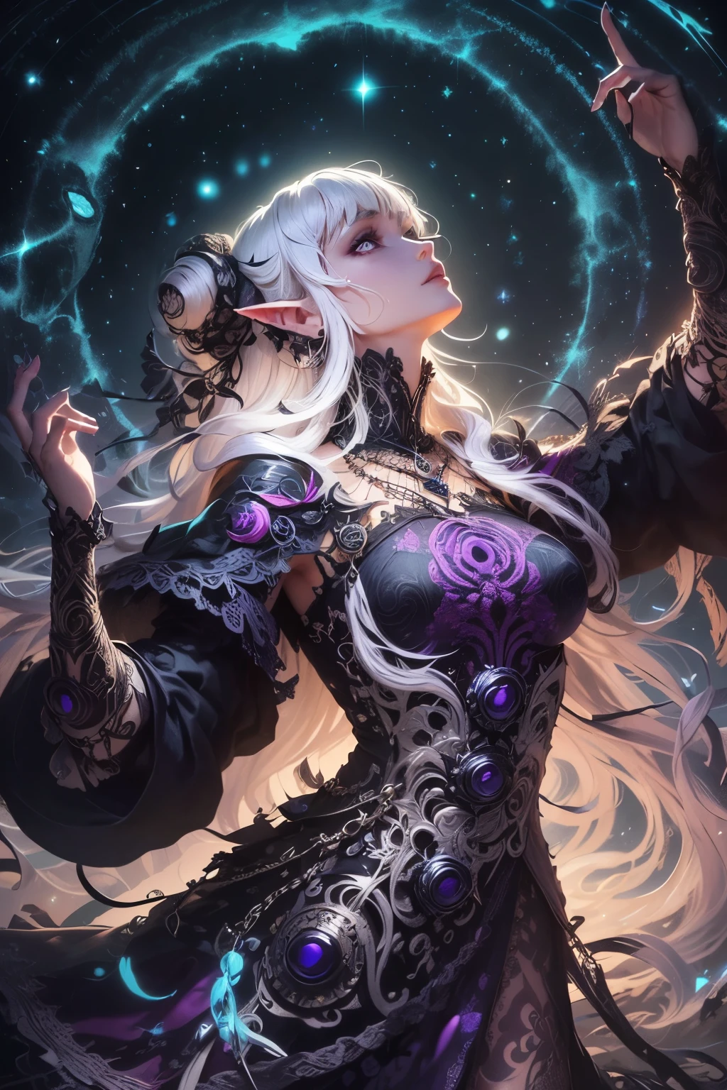 (Ultra-detailed face, Looking Away, Gothic Illustration, Dark Tone Colors.) , BREAK
(View of a woman looking up from an angle. A female dark elf wizard stands with her body twisted on a very tall spire with the wind blowing against a background of many twinkling stars in the night sky, pointing her large hands to the sky. She is cloaked in a large light like several large swirling galaxies that magically cover the area around her body.) , BREAK
(The dark elf female archaeologist has white hair and white eyebrows, crisp bangs, shoulder-length wavy hair, small pink lips, lavender eyes, dark purple skin, and eyeliner.), (She wears a shiny black bib necklace with a net covering her neck. She wears an embroidered purple cape and a classic medieval European-style empire dress with raw embroidery. She wears sandals with braided white laces.)
