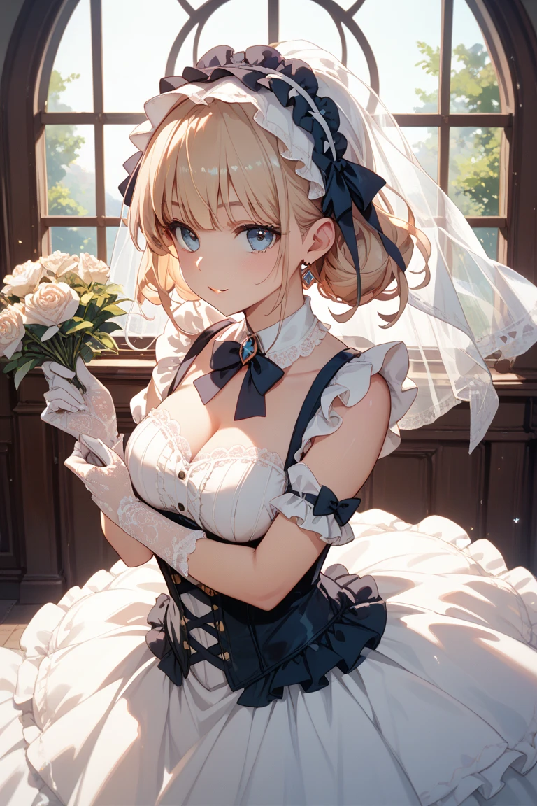 HMS_Renown \(warship girls r\),((masterpiece)),(((best quality))),((ultra-detailed)),((illustration)),((disheveled hair)),((frills)),1girl,bangs,bare shoulders,blonde hair,blue flower,blue ribbon,blue rose,blush,bouquet,breasts,crown,dress,earrings,eyebrows visible through hair,flower,full body,garter straps,gem,gloves,gradient,hair between eyes,hair ornament,jewelry,large breasts,looking at viewer,mole,mole under eye,puffy sleeves,ribbon,short dress,short hair,short sleeves,smile,snowflake hair ornament,solo,standing,strapless dress,thighhighs,tiara,wedding dress,white dress,white gloves,white legwear,Redraw your eyes,(blue left eye:1.2),Heterochromia,(yellow right eye:1.2),Anyone can have heterochromia,