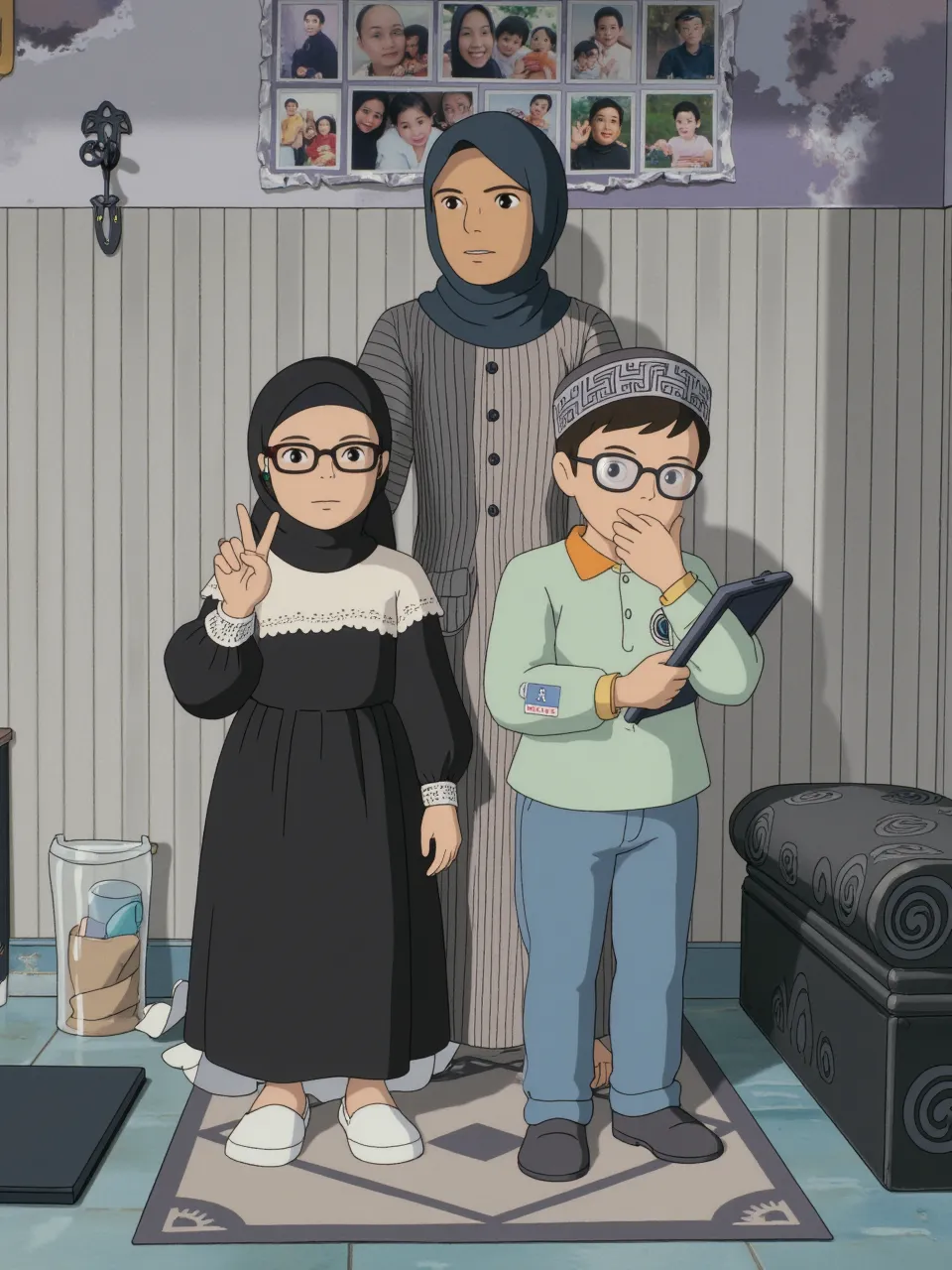 Family photo in Indonesia, six members, father and hijab mother aged 35 years, 4 daughter aged 14, 10, 8, 6, and years, they wear matching navy underwear, studio photo, bright living room, good lighting, green flower vase, detailed, realistic, UHD, 8K