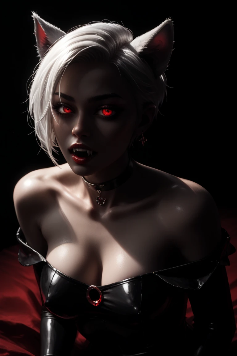 Vampire. Female. Athletic figure. White blonde, short hair. Red eyes. Gold black, lace underwear. Cropped, cleavage.