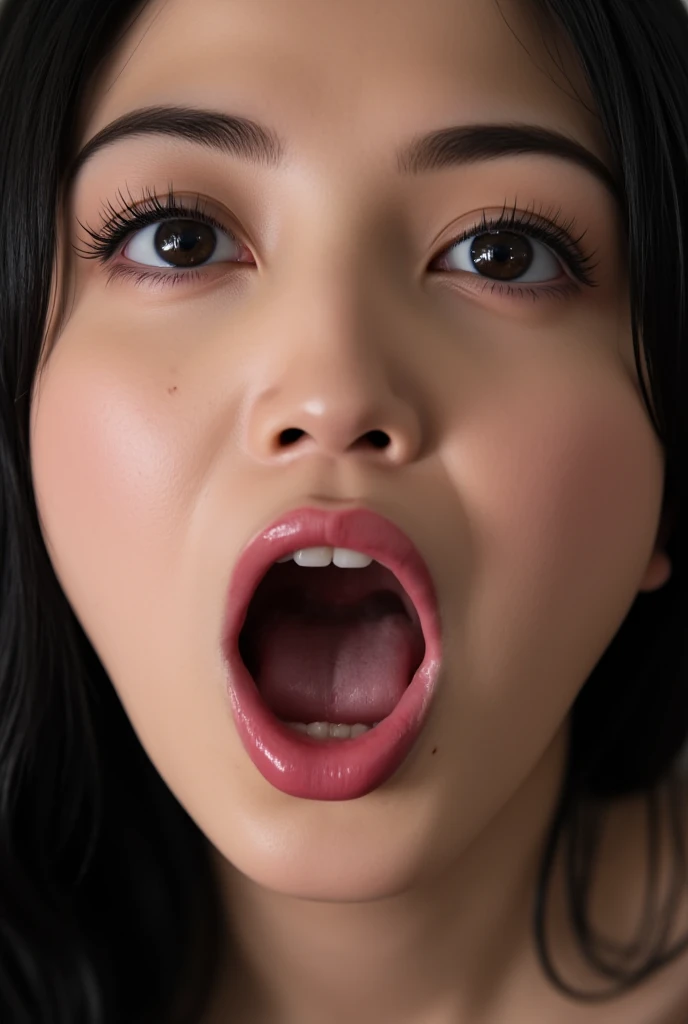 debris flies,,Award-winning photo, very detailed, High-definition lashes,focus the eyes clearly, nose and mouth,face focus, close up face、woman with open mouth and closed eyes, knit dress、20-year-old,black hair、symmetrical face,realistic nostrils、angle from below、Elongated C-shaped nostril NSFW,spring street corner、sweaty and shiny skin、skin shining with sweatを強調する照明、((sharp nose))skin shining with sweat、shiny skin、sweaty hair、look up at the audience,long tongue、
