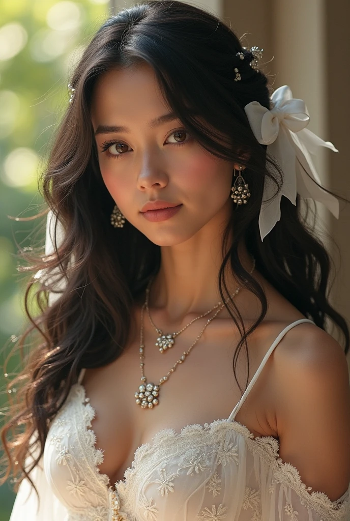 print or online media display. Oil painting with realistic details, cores vivas, Extraordinarily detailed hair texture and perfectly captured facial features. Professional studio lighting to create a soft, immersive atmosphere. The woman is wearing an elegant silk blouse with a pearl necklace and holds a bouquet of fresh flowers. The setting is a lush garden, with colorful flowers and lush vegetation, conveying a sense of serenity. The color palette is made up of soft green and earthy tones., com toques sutis de rosa e roxo. The background is blurry and out of focus, colocando o foco total na beleza da mulher. Image quality is exceptional, with ultra-fine details and a high level of realism.+# 注意事项 - 请在提交前确认生成的 prompt 格式是否正确。
- 请勿使用自动翻译工具来生成 prompt,以免出现错误或不通顺的表达。